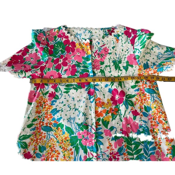 Vintage 60s Chiha Floral Midi Dress Short Sleeve Scallop Trim Pink Green Size S - Picture 6 of 9